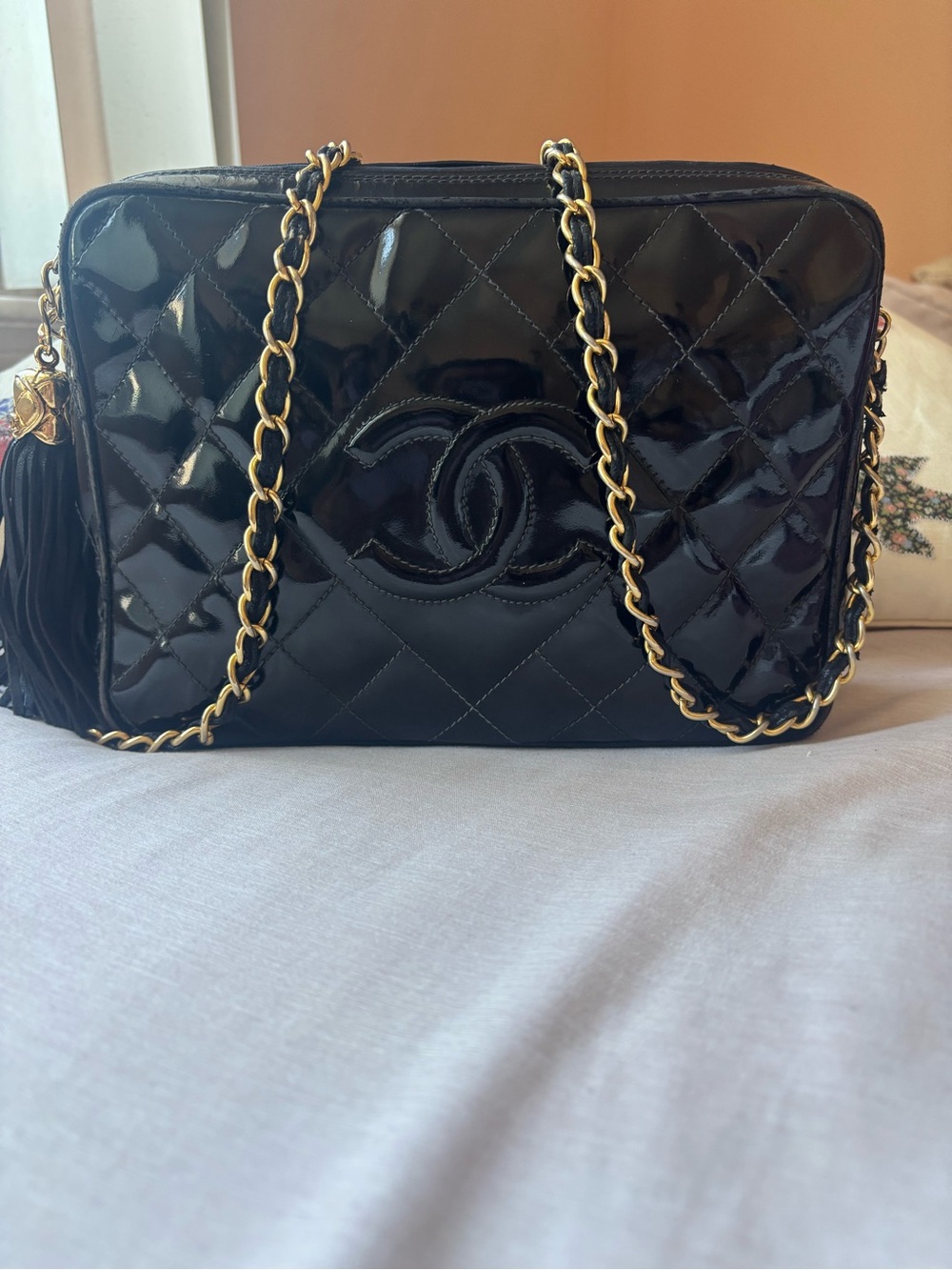 Chanel Black Quilted Patent Leather Camera Bag with Gold Chain